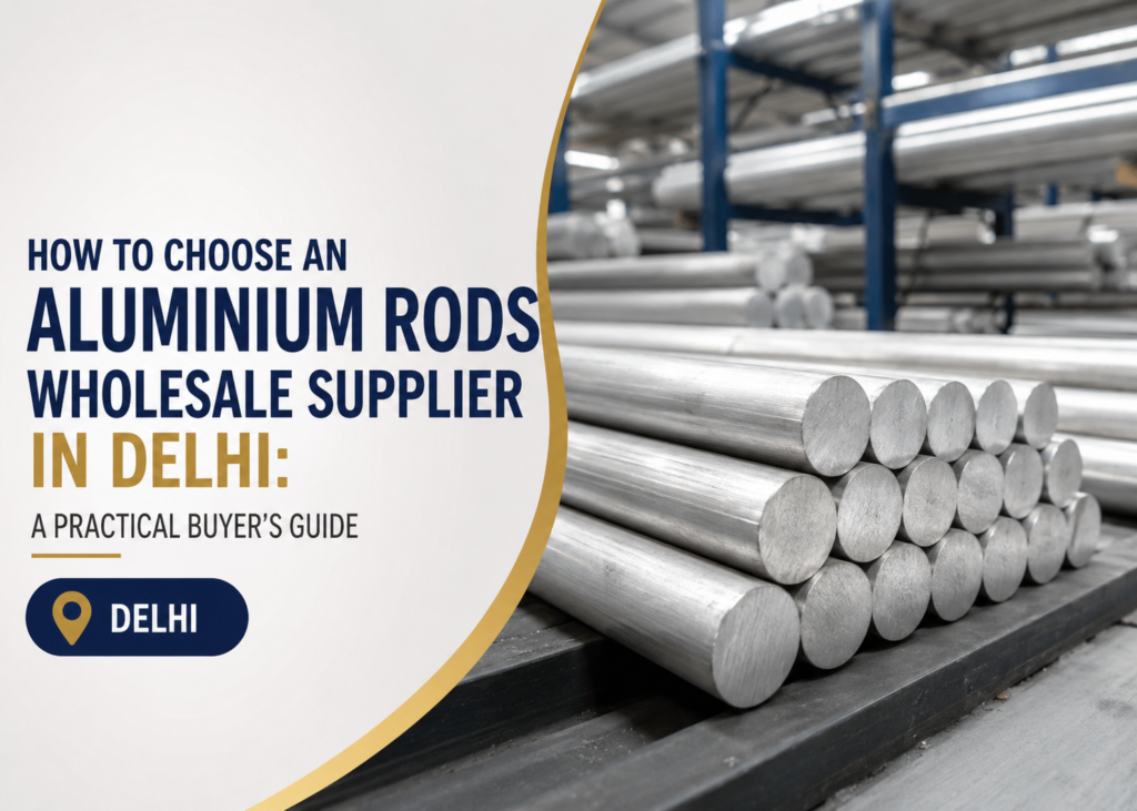 Stacked aluminium round rods in a warehouse, a buyer's guide to choosing an aluminium rods wholesale supplier in Delhi